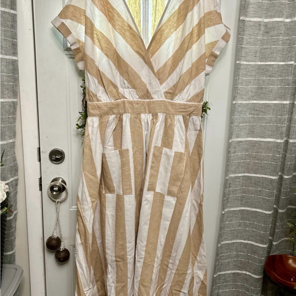 Ashley Stewart Tan and White Striped Maxi Dress